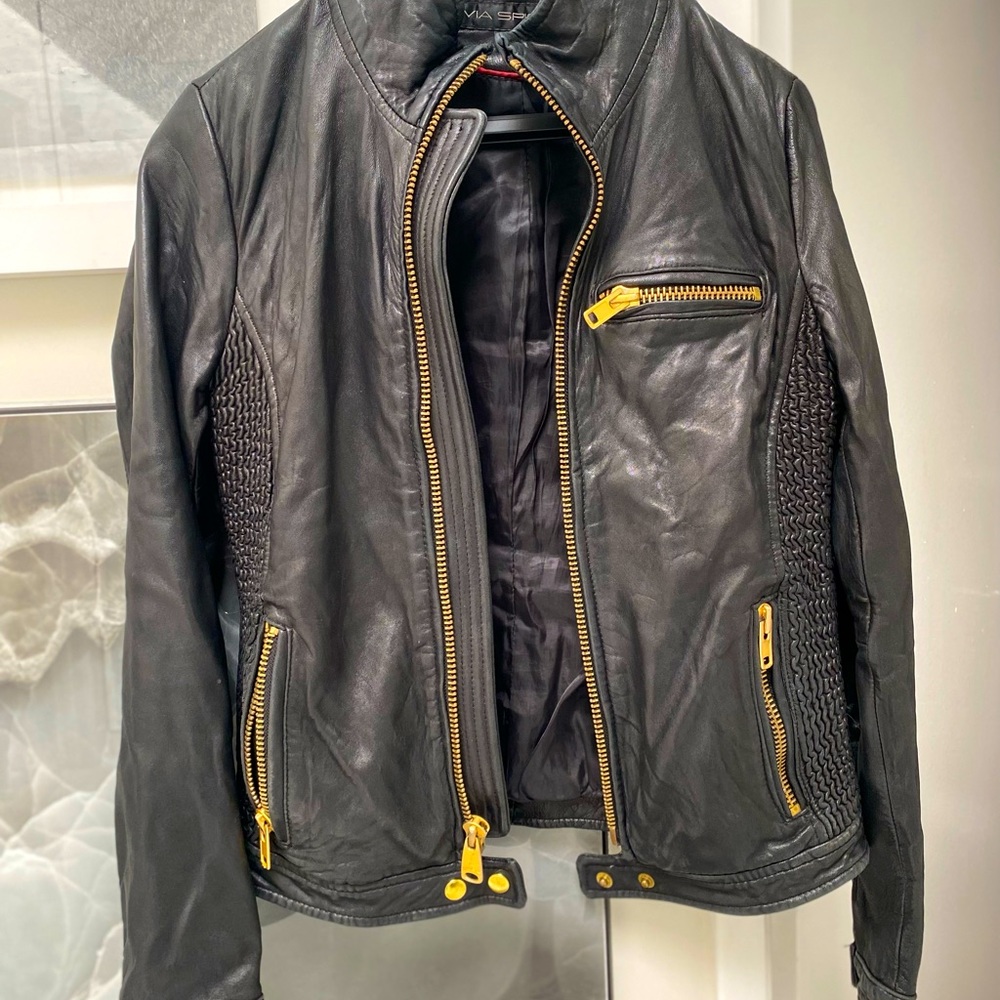 Via Spiga black/gold leather Moto jacket pre owned.